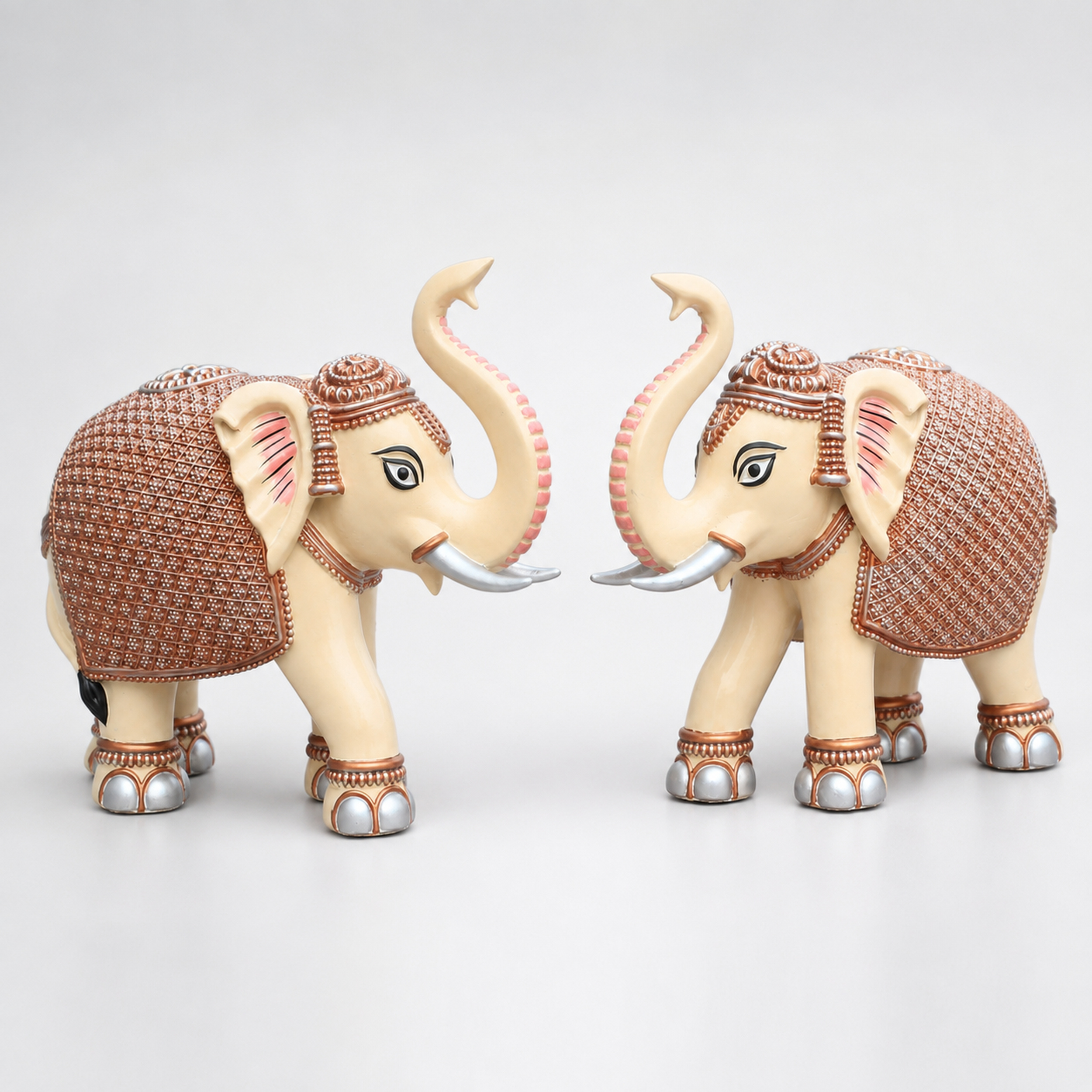 Peach Cream Elephant Statue Showpiece Pair, Marble Dust, 8 Inch