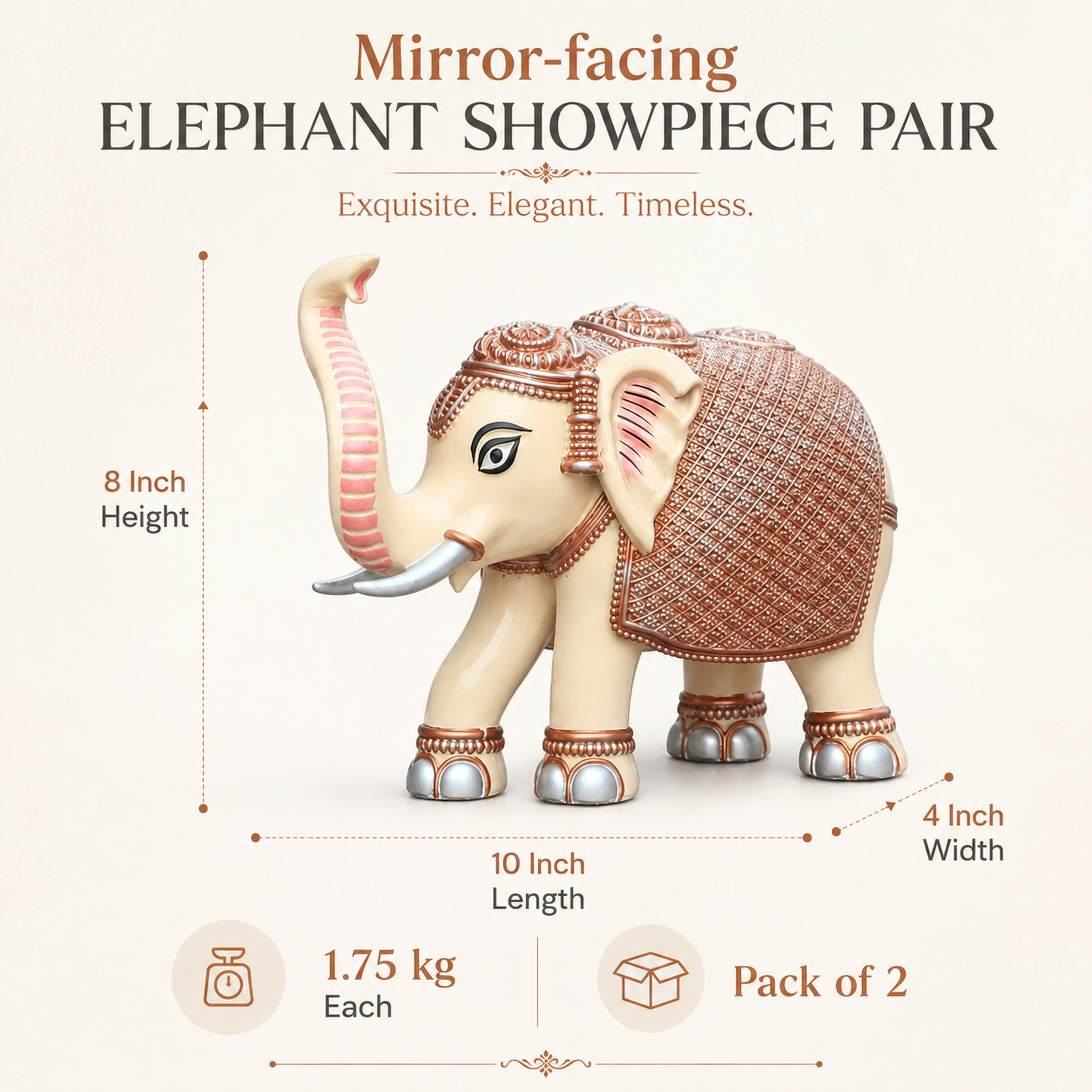 Peach Cream Elephant Statue Showpiece Pair, Marble Dust, 8 Inch — photo — 2 of 9