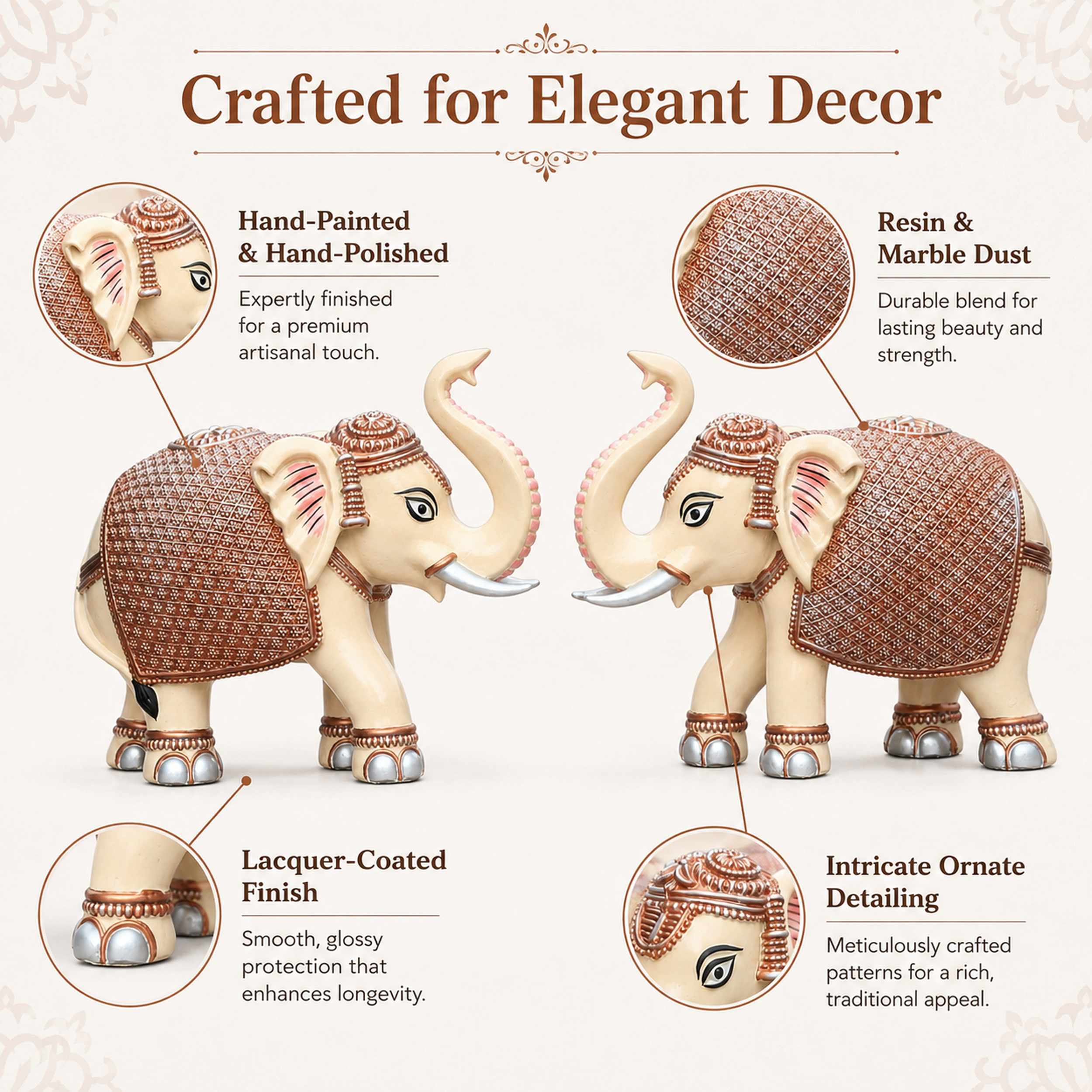Peach Cream Elephant Statue Showpiece Pair, Marble Dust, 8 Inch — photo — 4 of 9