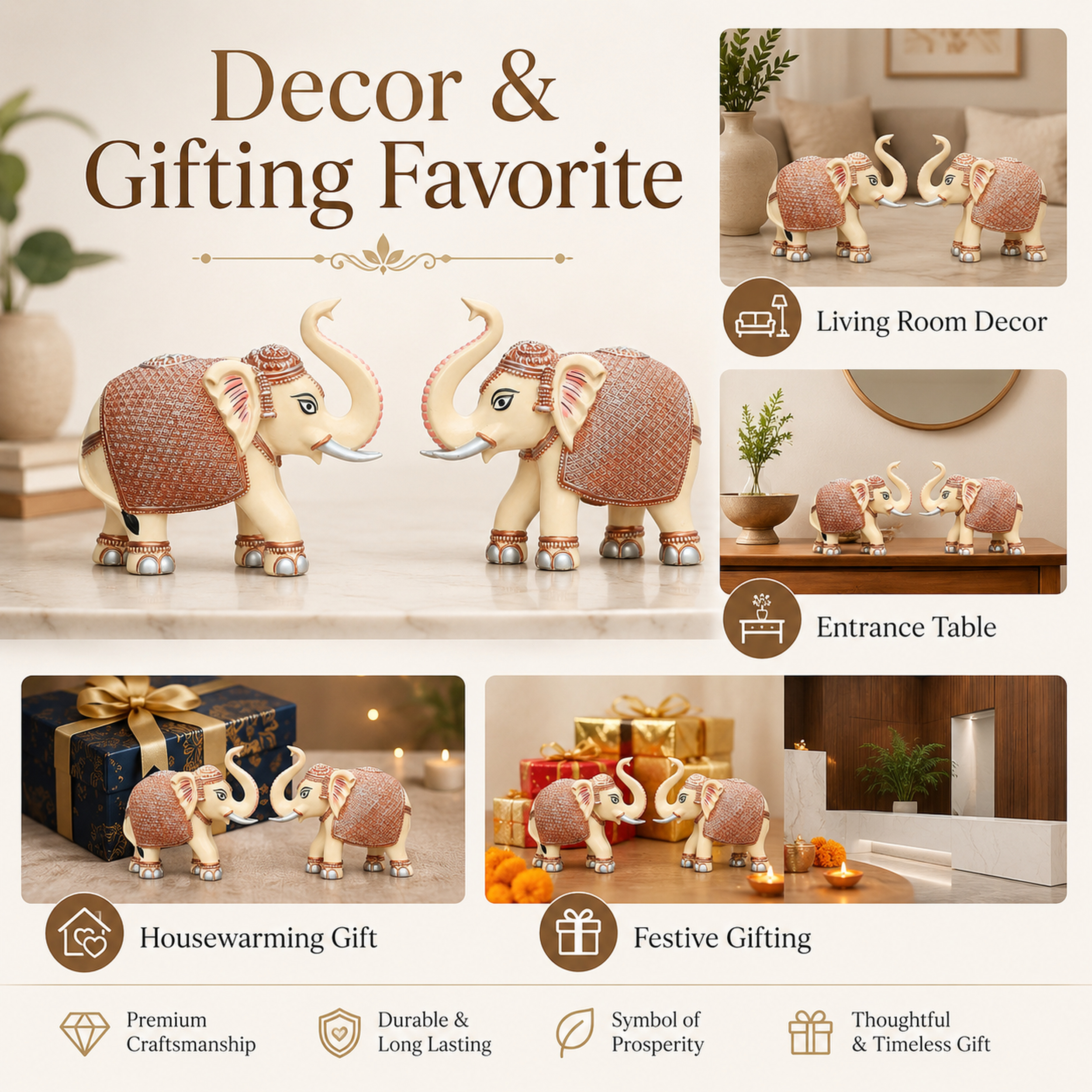 Peach Cream Elephant Statue Showpiece Pair, Marble Dust, 8 Inch — photo — 6 of 9