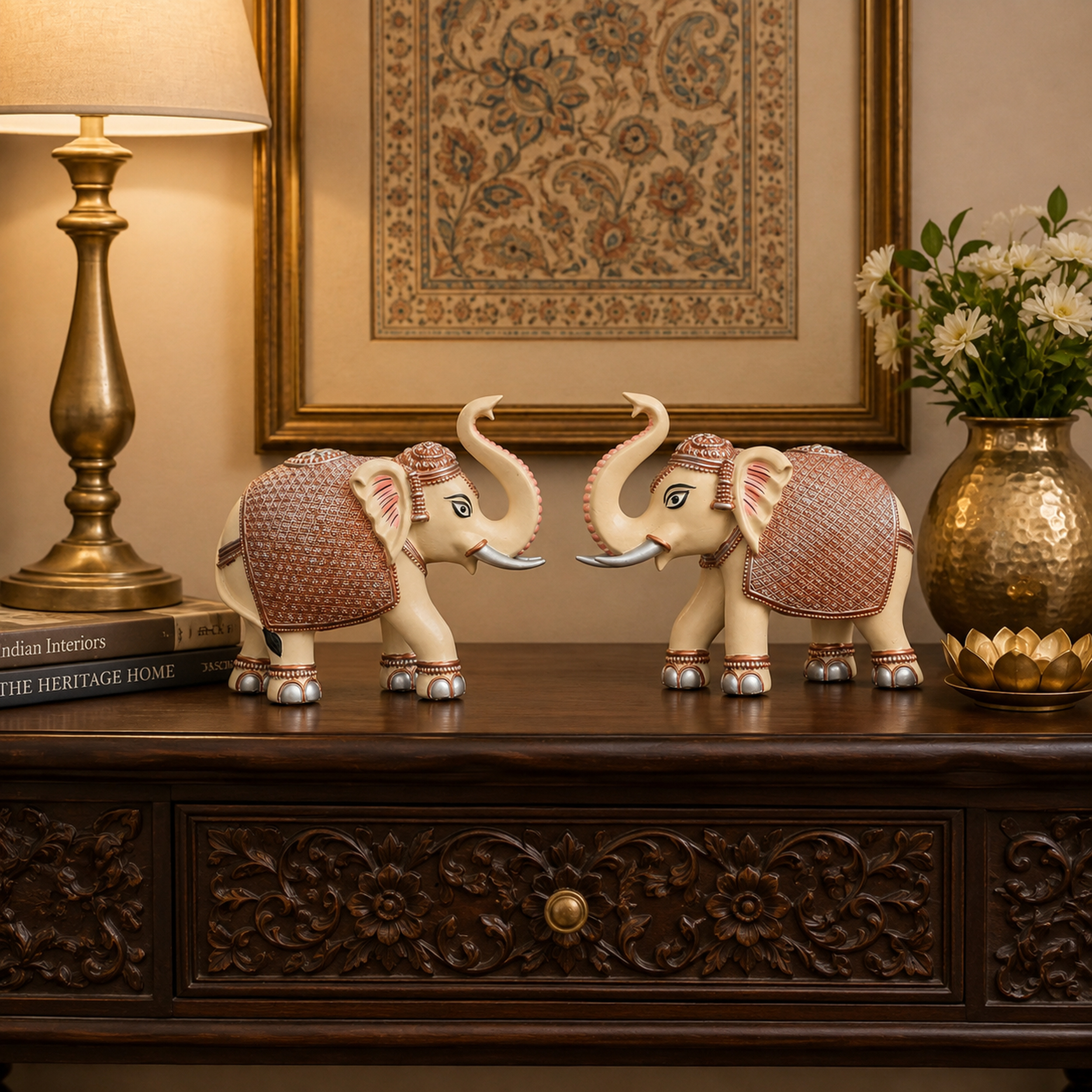 Peach Cream Elephant Statue Showpiece Pair, Marble Dust, 8 Inch — photo — 8 of 9