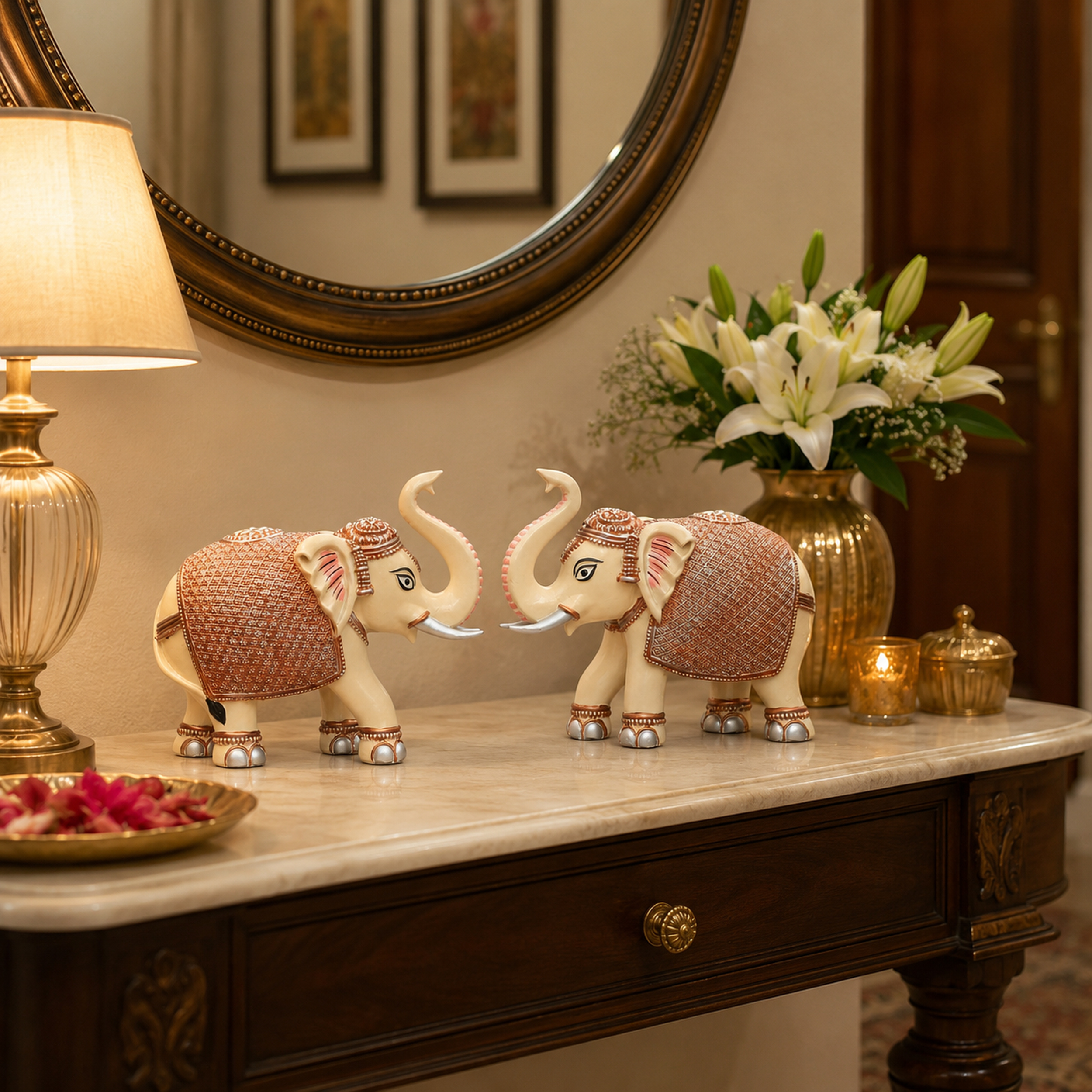 Peach Cream Elephant Statue Showpiece Pair, Marble Dust, 8 Inch — photo — 5 of 9