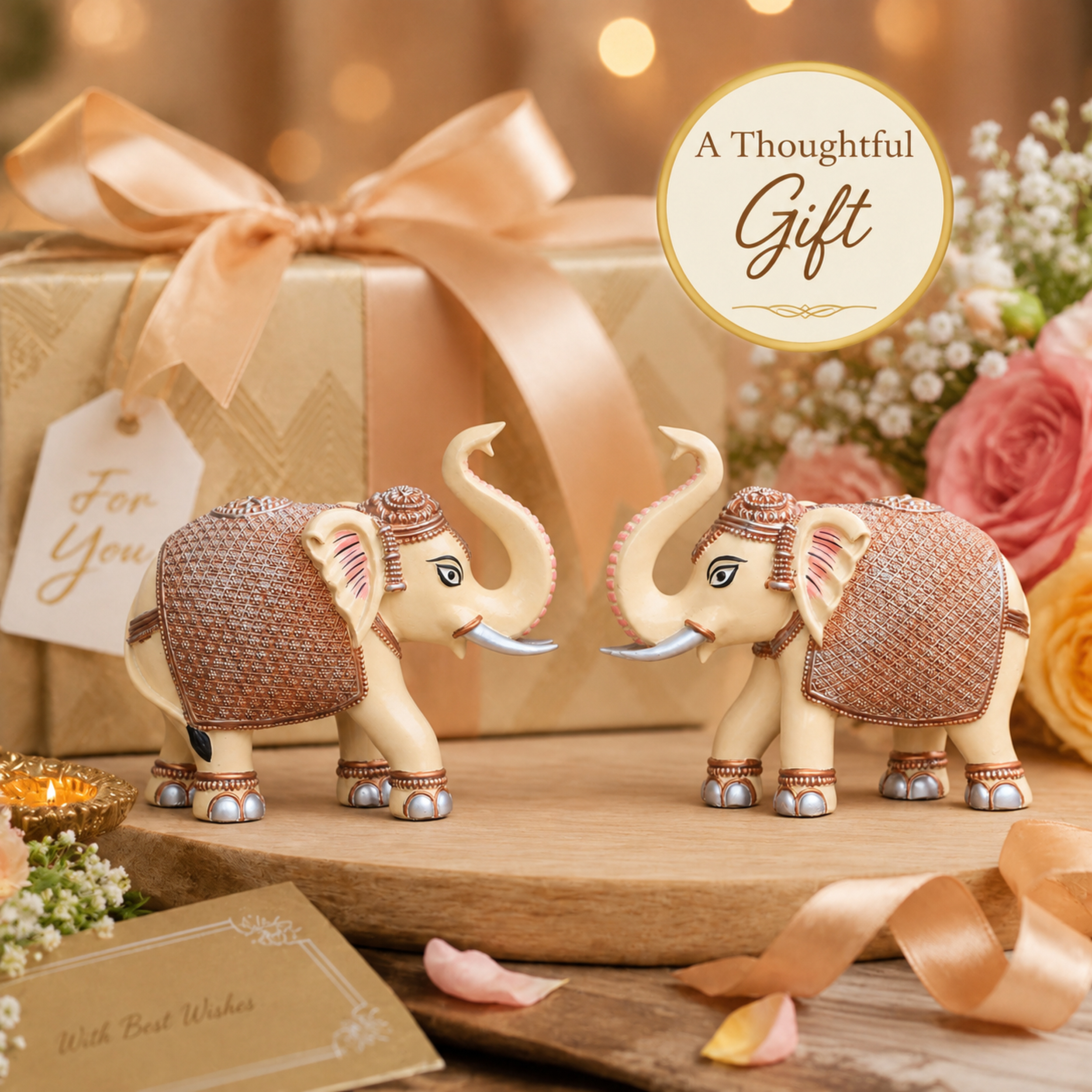 Peach Cream Elephant Statue Showpiece Pair, Marble Dust, 8 Inch — photo — 9 of 9