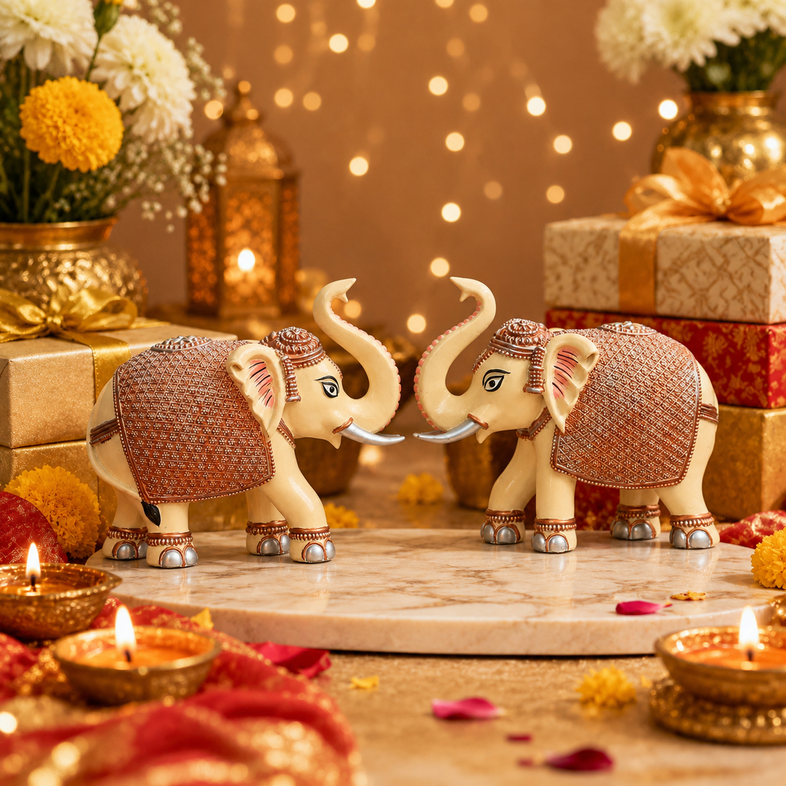 Peach Cream Elephant Statue Showpiece Pair, Marble Dust, 8 Inch — photo — 7 of 9