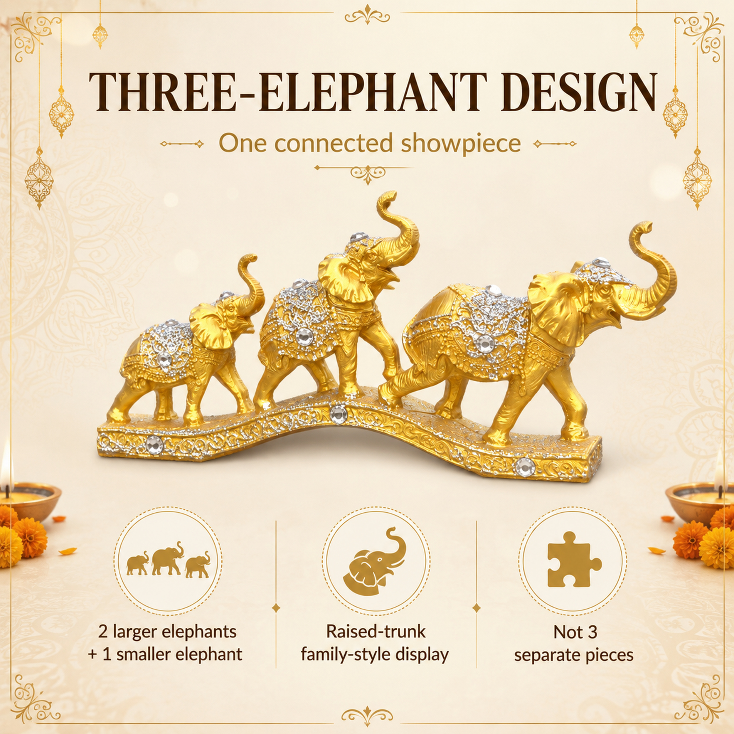 Gold Elephant Family Showpiece, 3 Elephants, Resin, 13 Inch — photo — 4 of 9