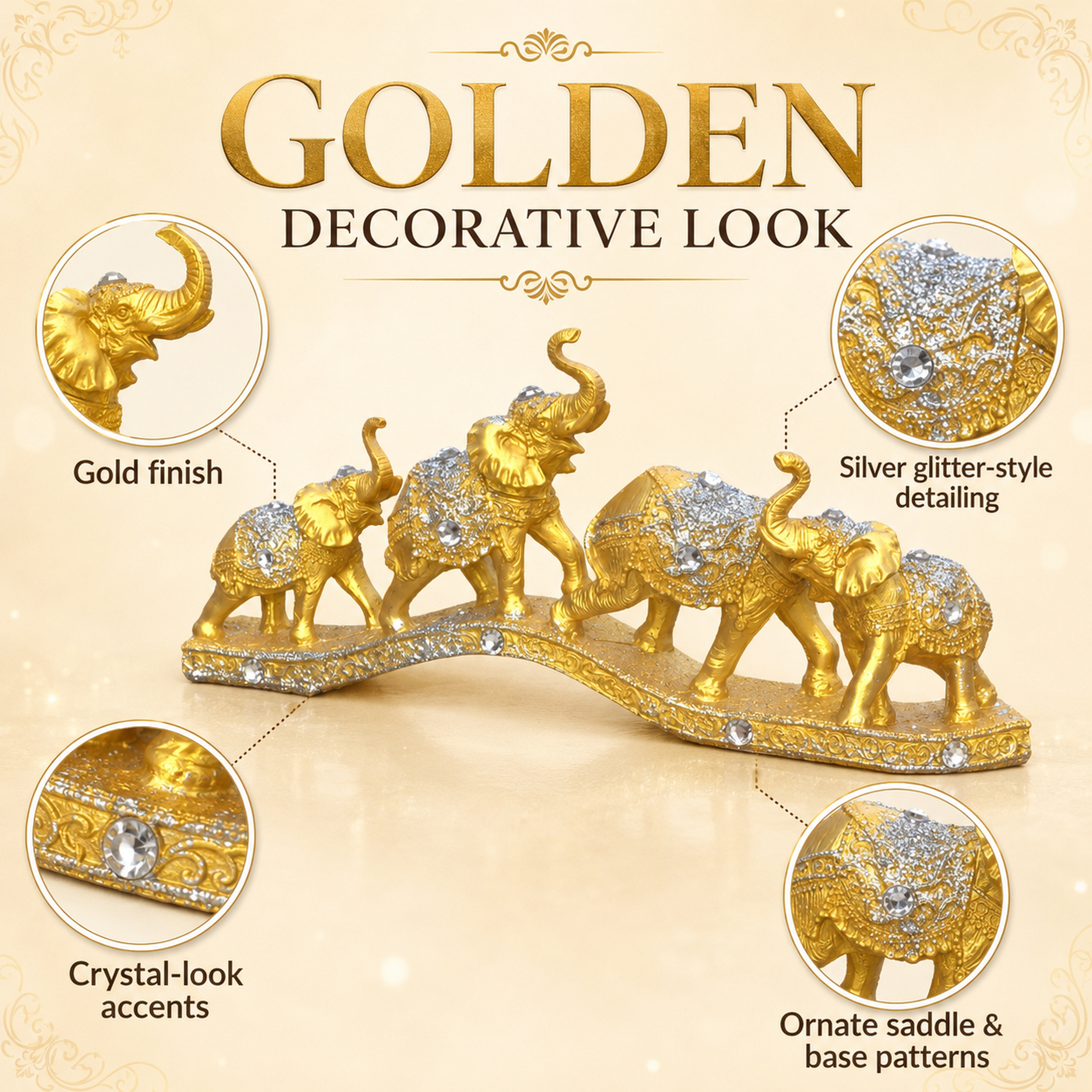 Gold Elephant Family Showpiece, 3 Elephants, Resin, 13 Inch — photo — 5 of 9