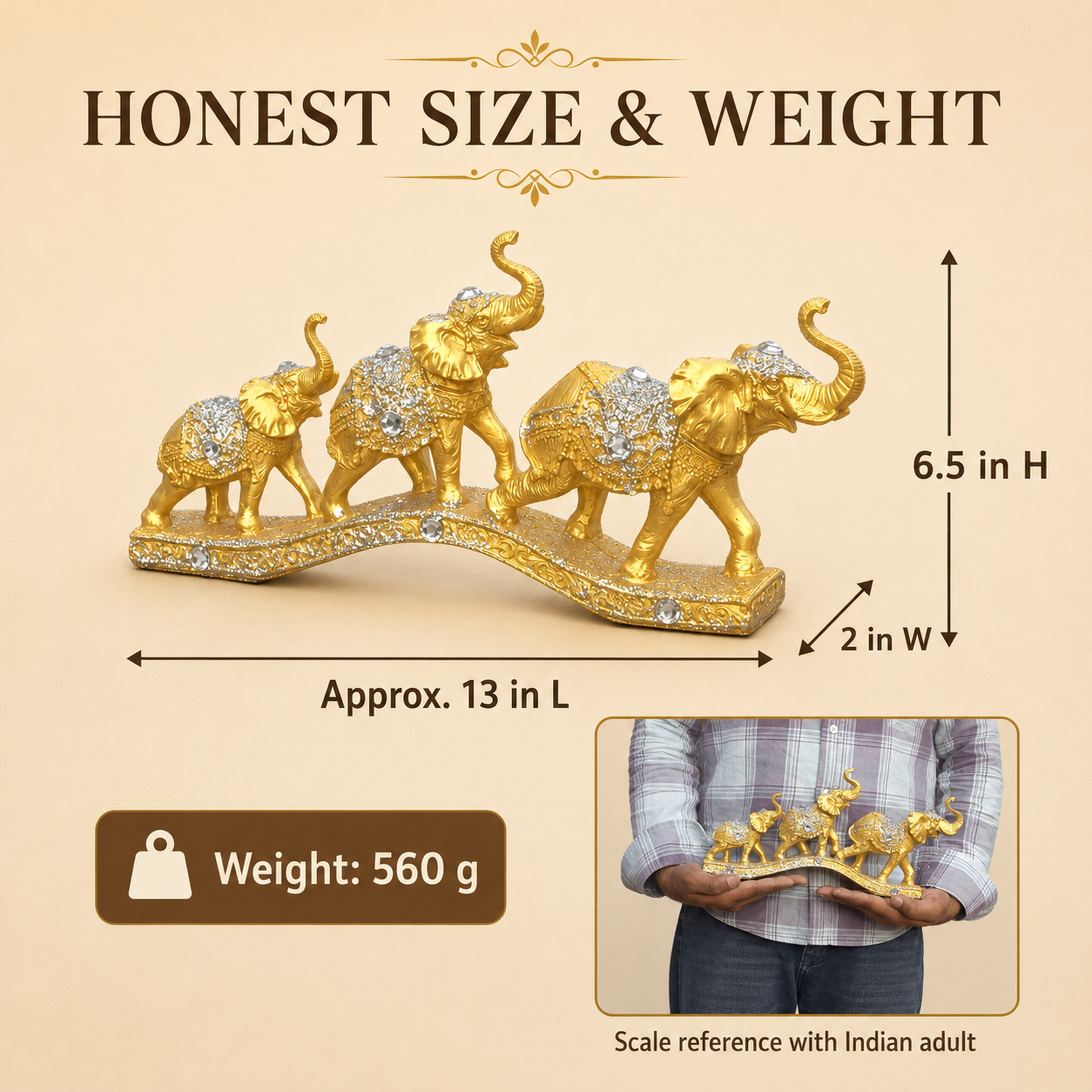 Gold Elephant Family Showpiece, 3 Elephants, Resin, 13 Inch — photo — 3 of 9