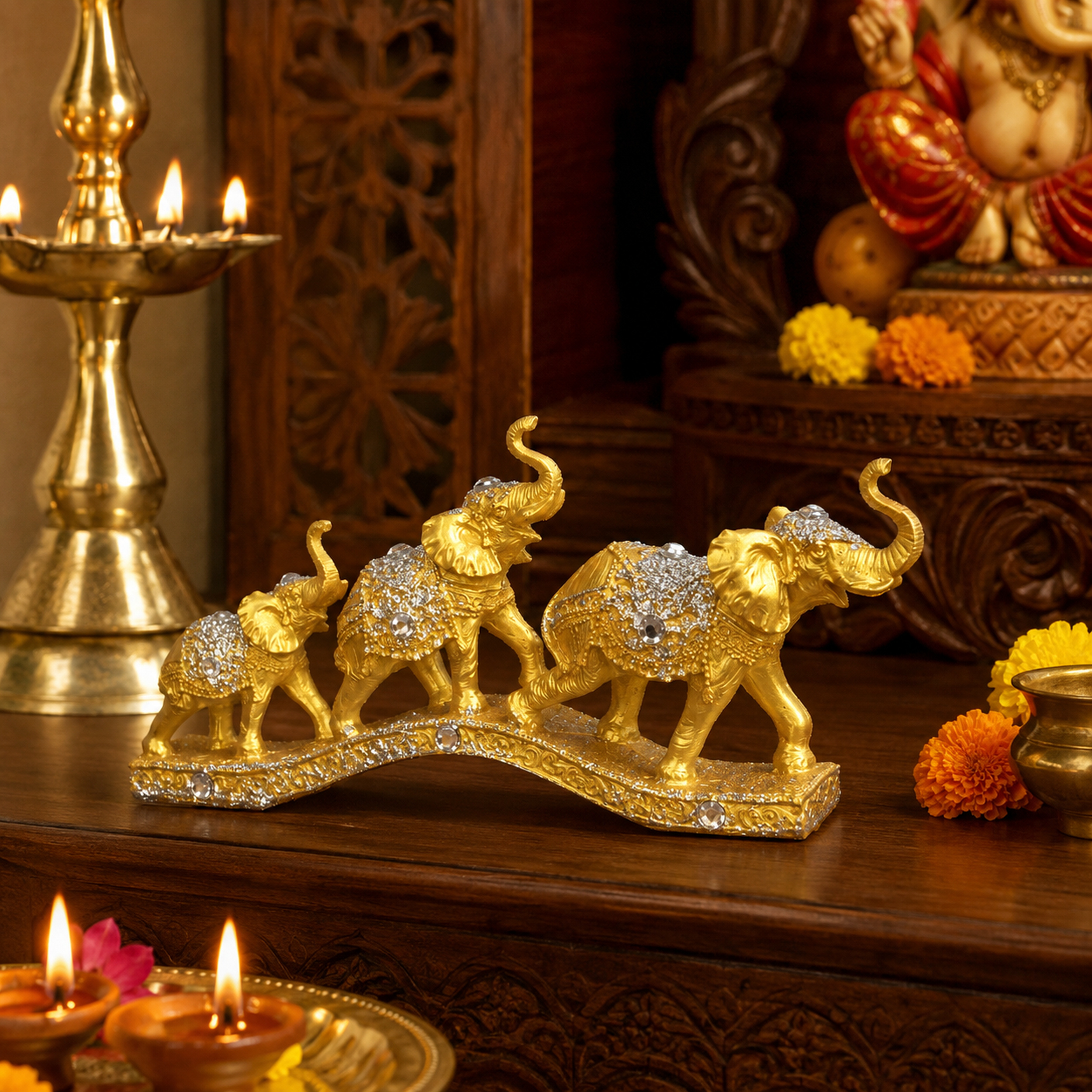 Gold Elephant Family Showpiece, 3 Elephants, Resin, 13 Inch — photo — 9 of 9