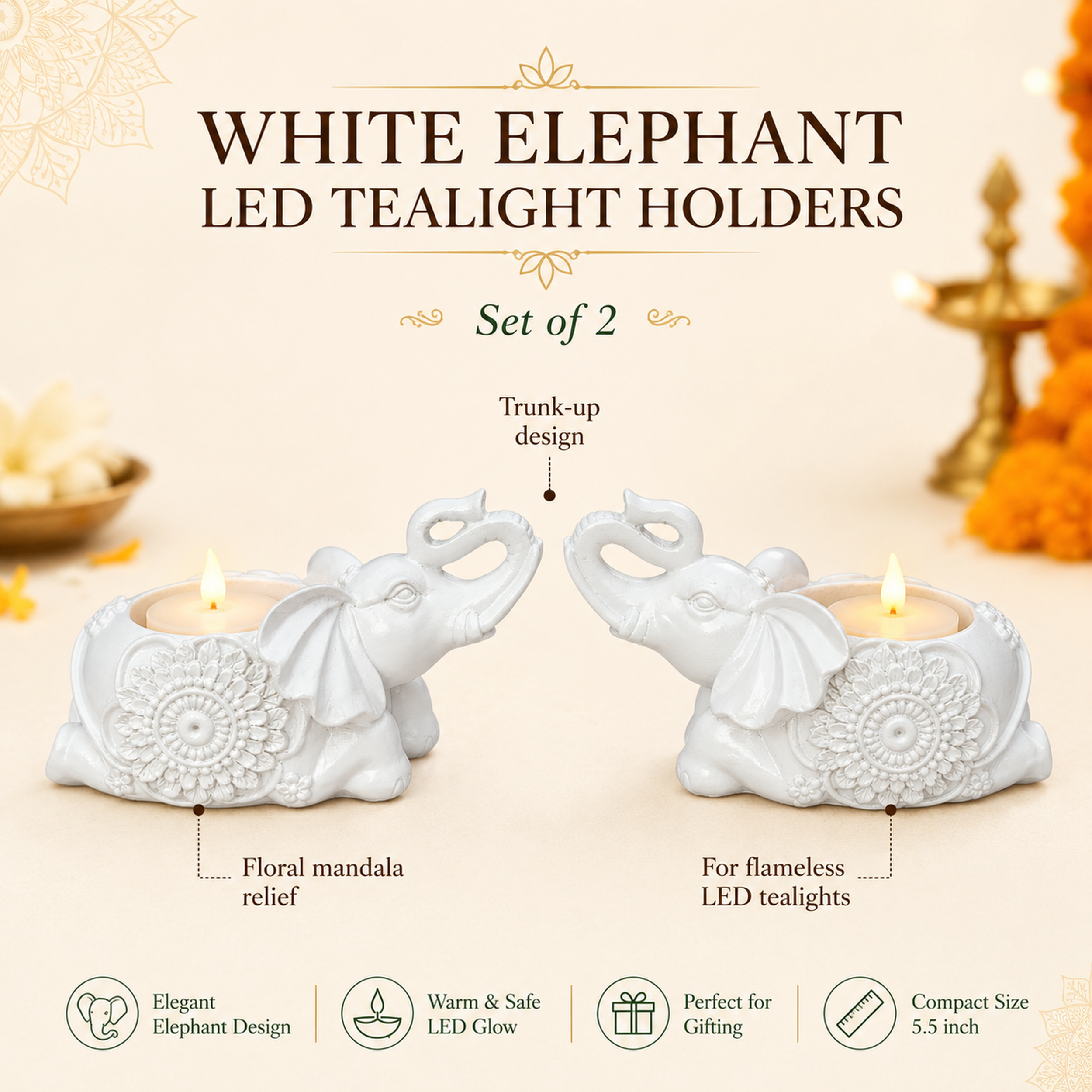 White Elephant Tealight Candle Holders, Set of 2, 5.5 Inch — photo — 4 of 9