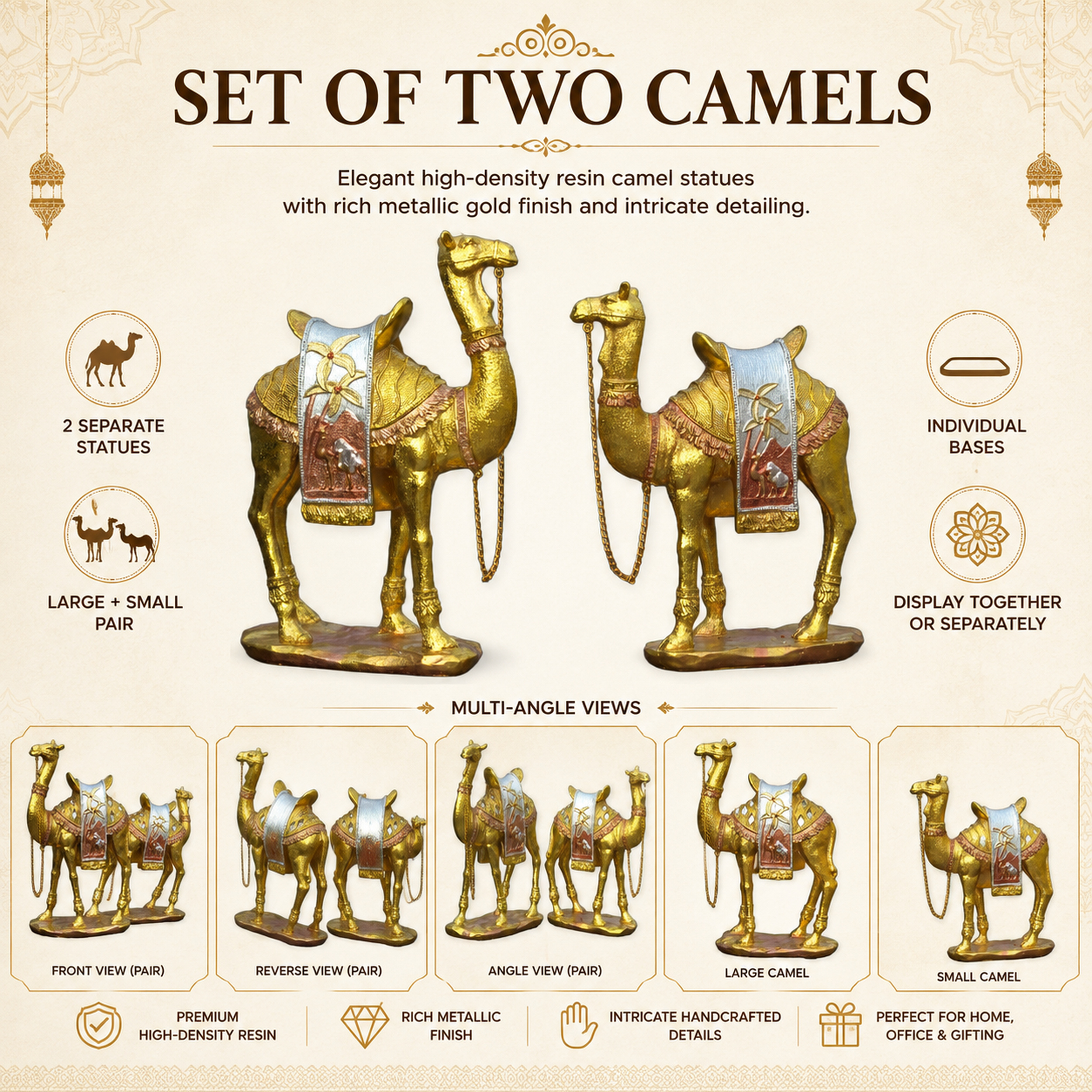 Gold Camel Statue Showpiece Pair, Set of 2, Resin, 10 Inch — photo — 4 of 9