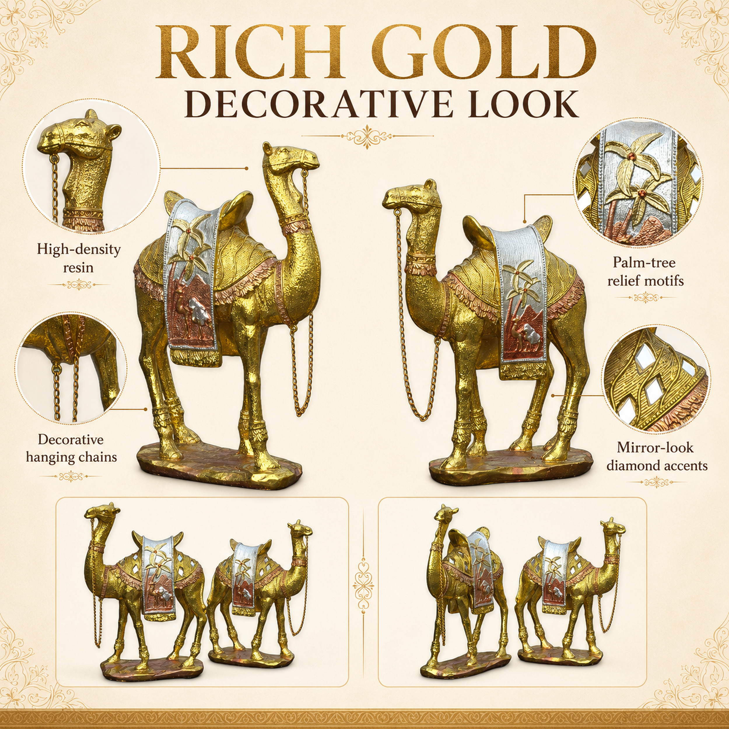 Gold Camel Statue Showpiece Pair, Set of 2, Resin, 10 Inch — photo — 5 of 9