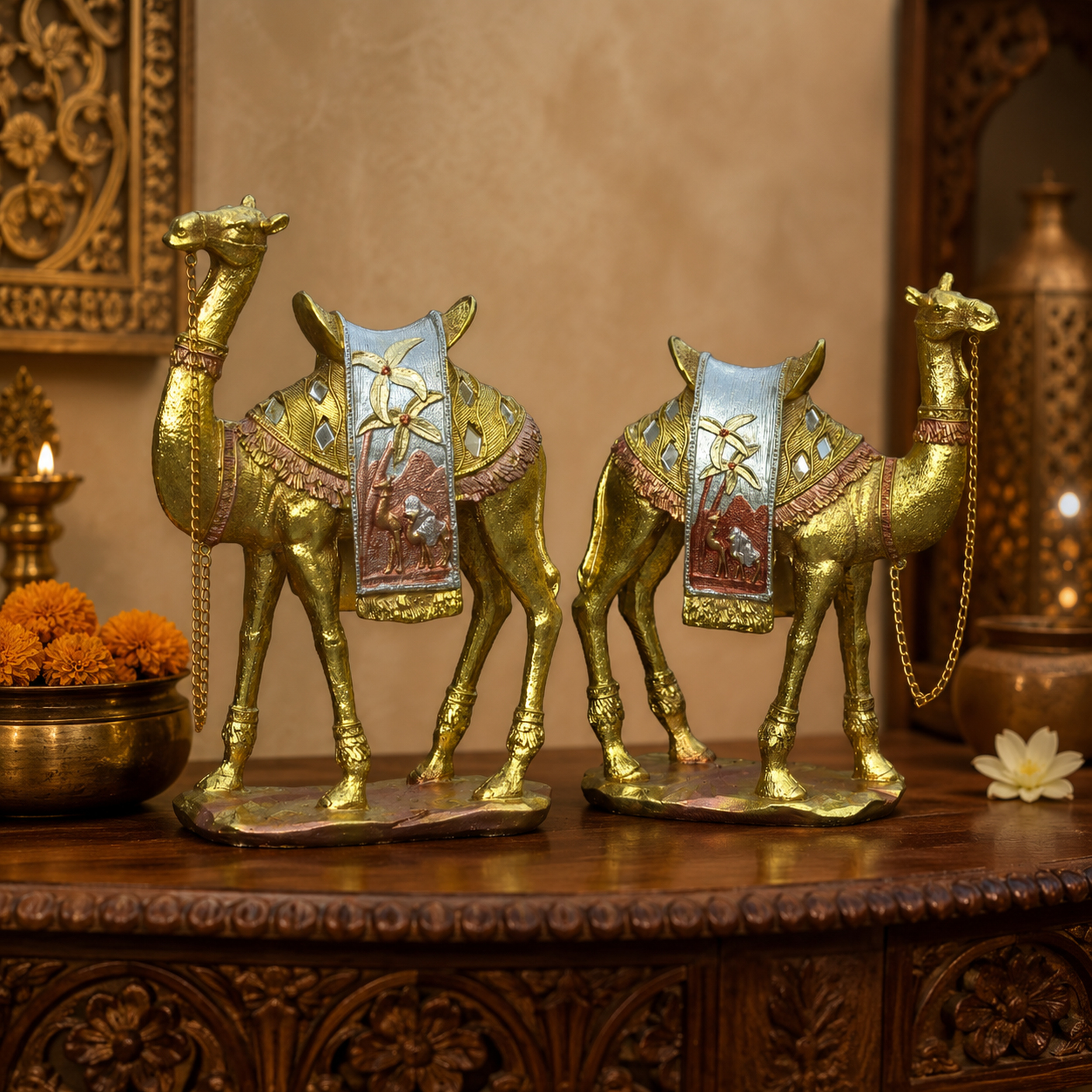 Gold Camel Statue Showpiece Pair, Set of 2, Resin, 10 Inch