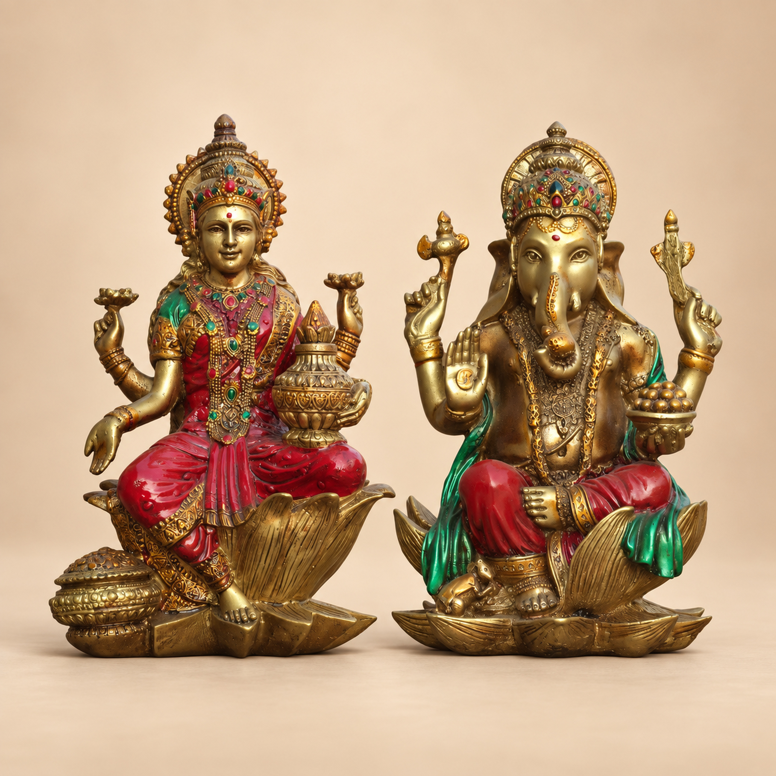 Red Gold Lakshmi Ganesh Idol Set of 2, Polyresin Murti, 7 Inch