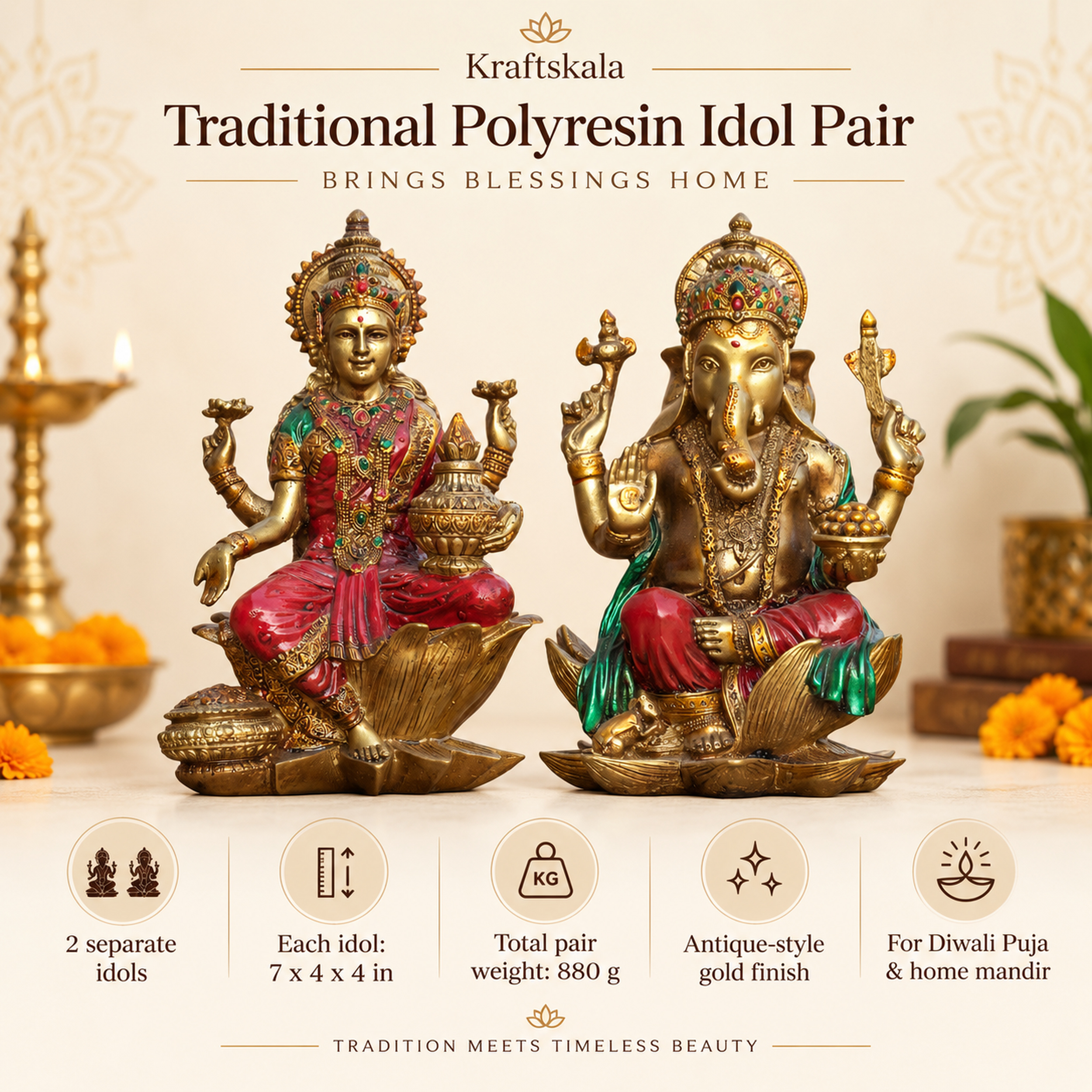 Red Gold Lakshmi Ganesh Idol Set of 2, Polyresin Murti, 7 Inch — photo — 4 of 7