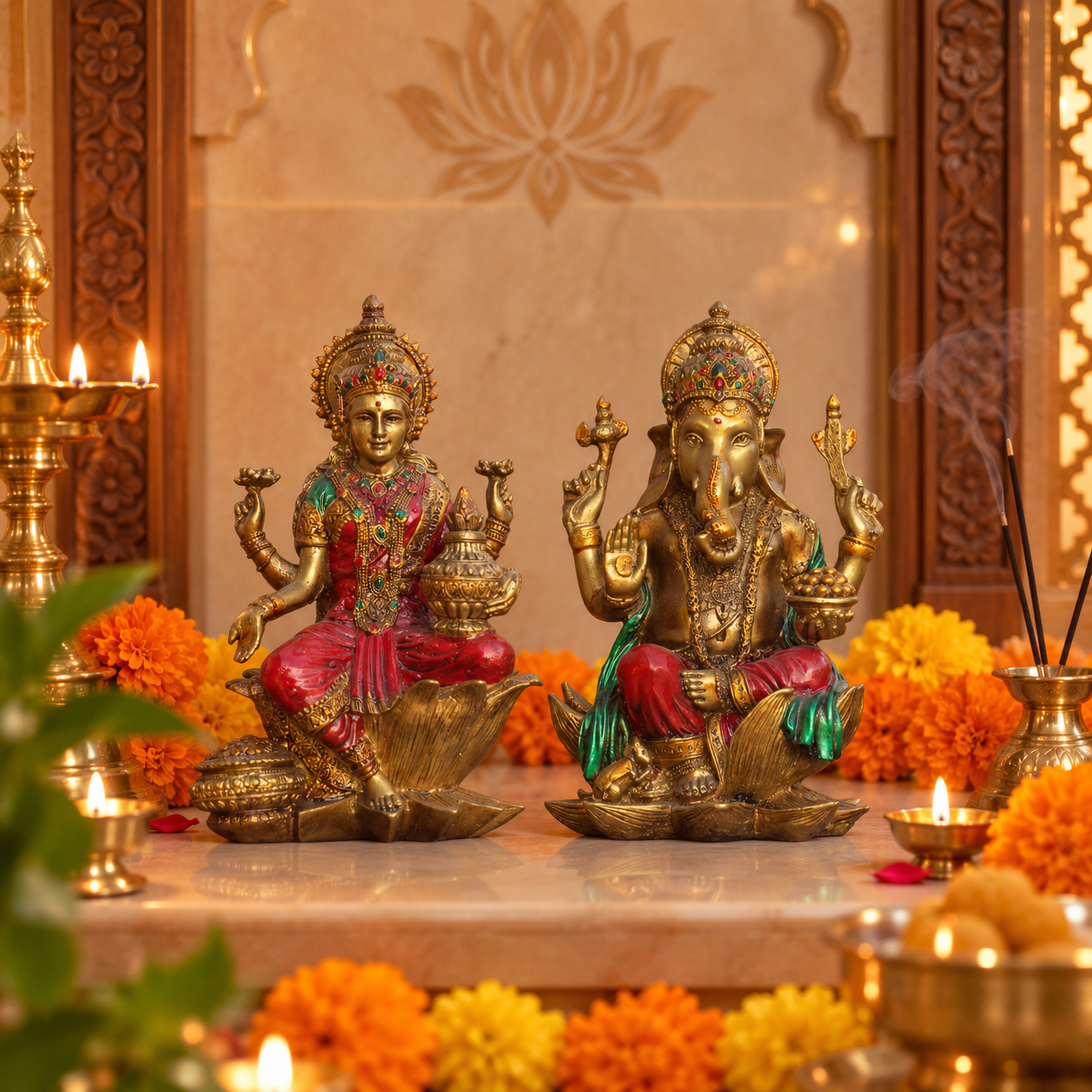 Red Gold Lakshmi Ganesh Idol Set of 2, Polyresin Murti, 7 Inch — photo — 2 of 7