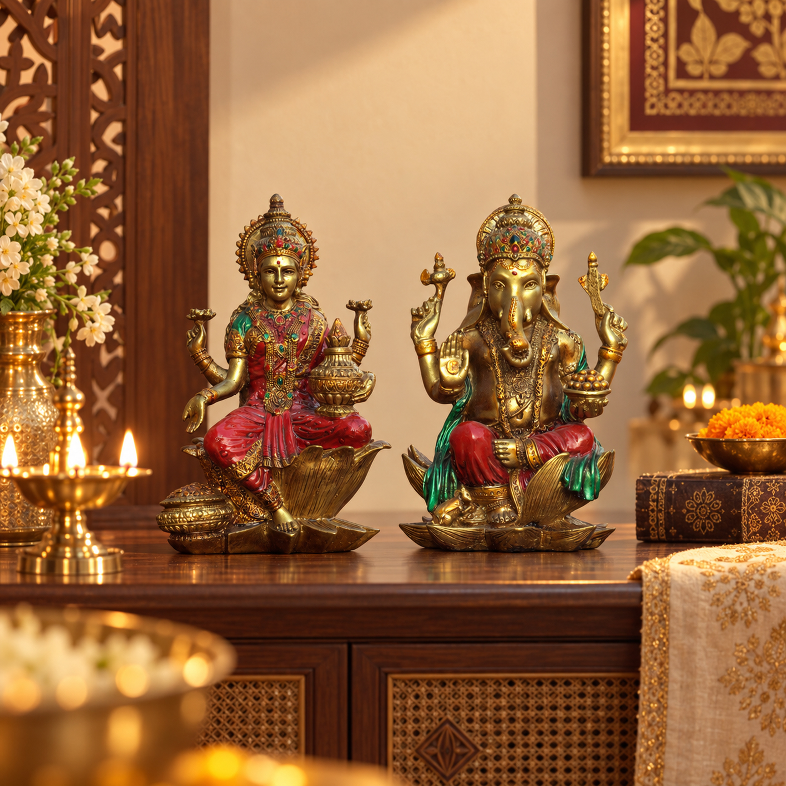 Red Gold Lakshmi Ganesh Idol Set of 2, Polyresin Murti, 7 Inch — photo — 3 of 7