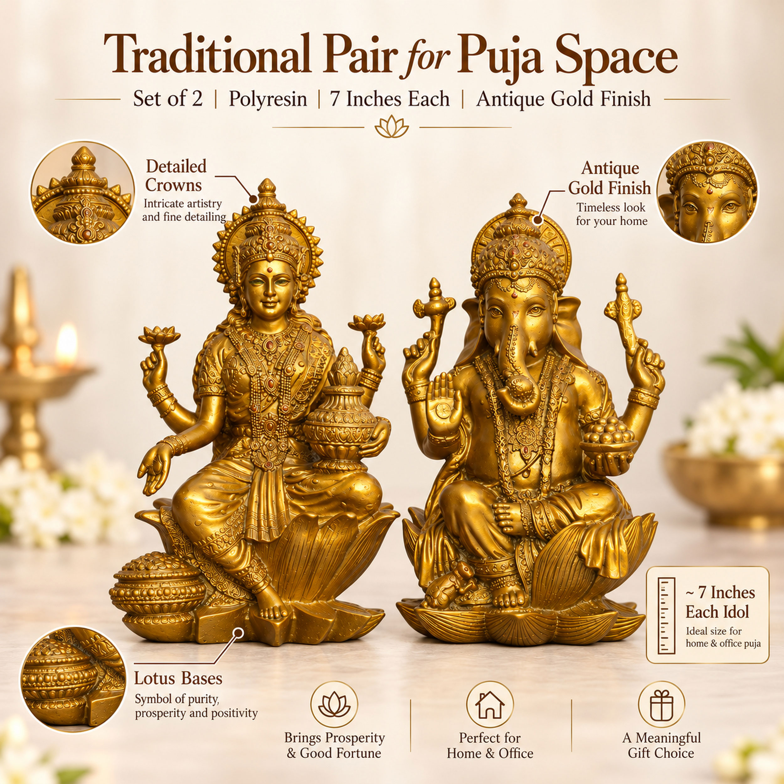 Antique Gold Laxmi Ganesh Idol Set of 2, Polyresin Murti, 7 Inch — photo — 3 of 8
