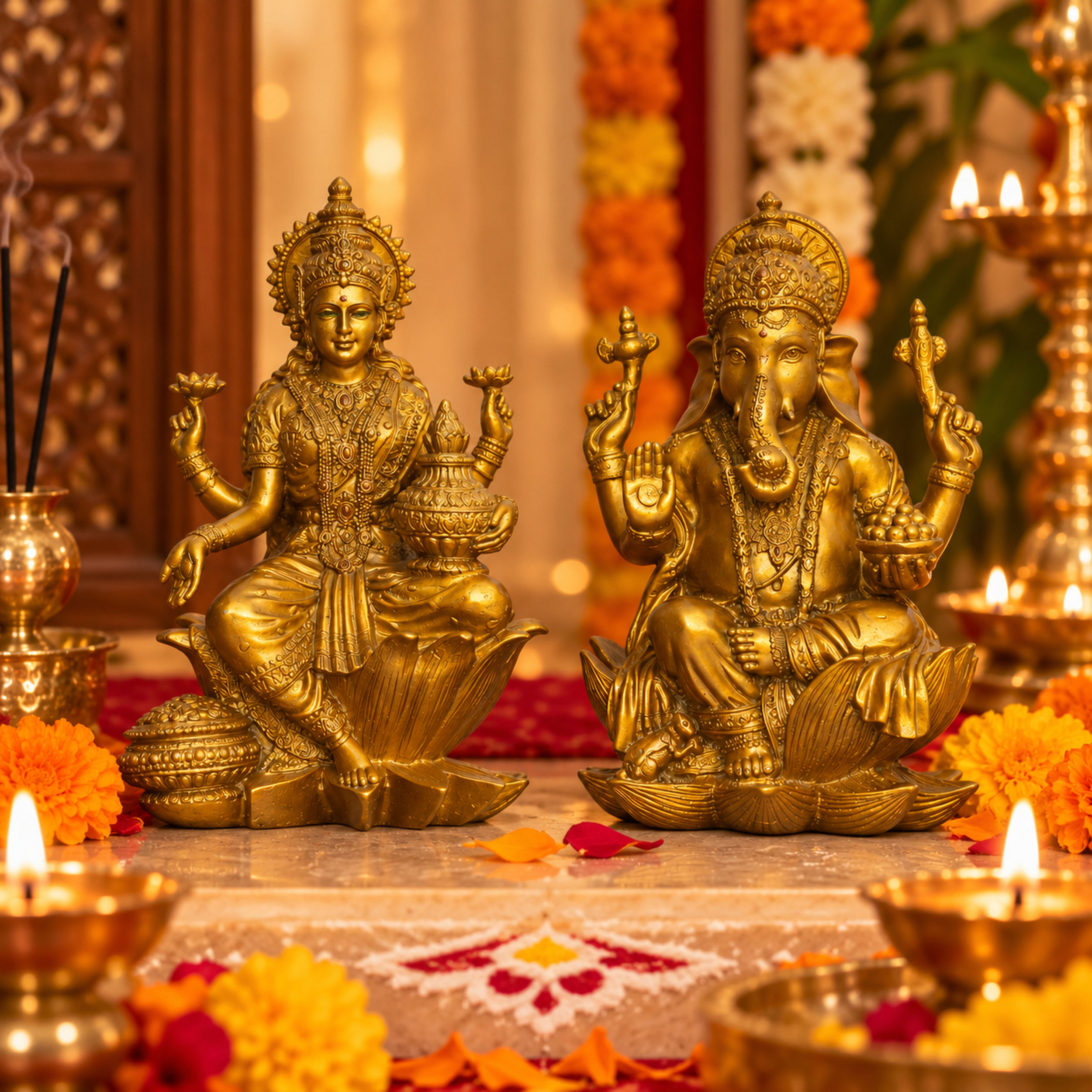 Antique Gold Laxmi Ganesh Idol Set of 2, Polyresin Murti, 7 Inch — photo — 4 of 8