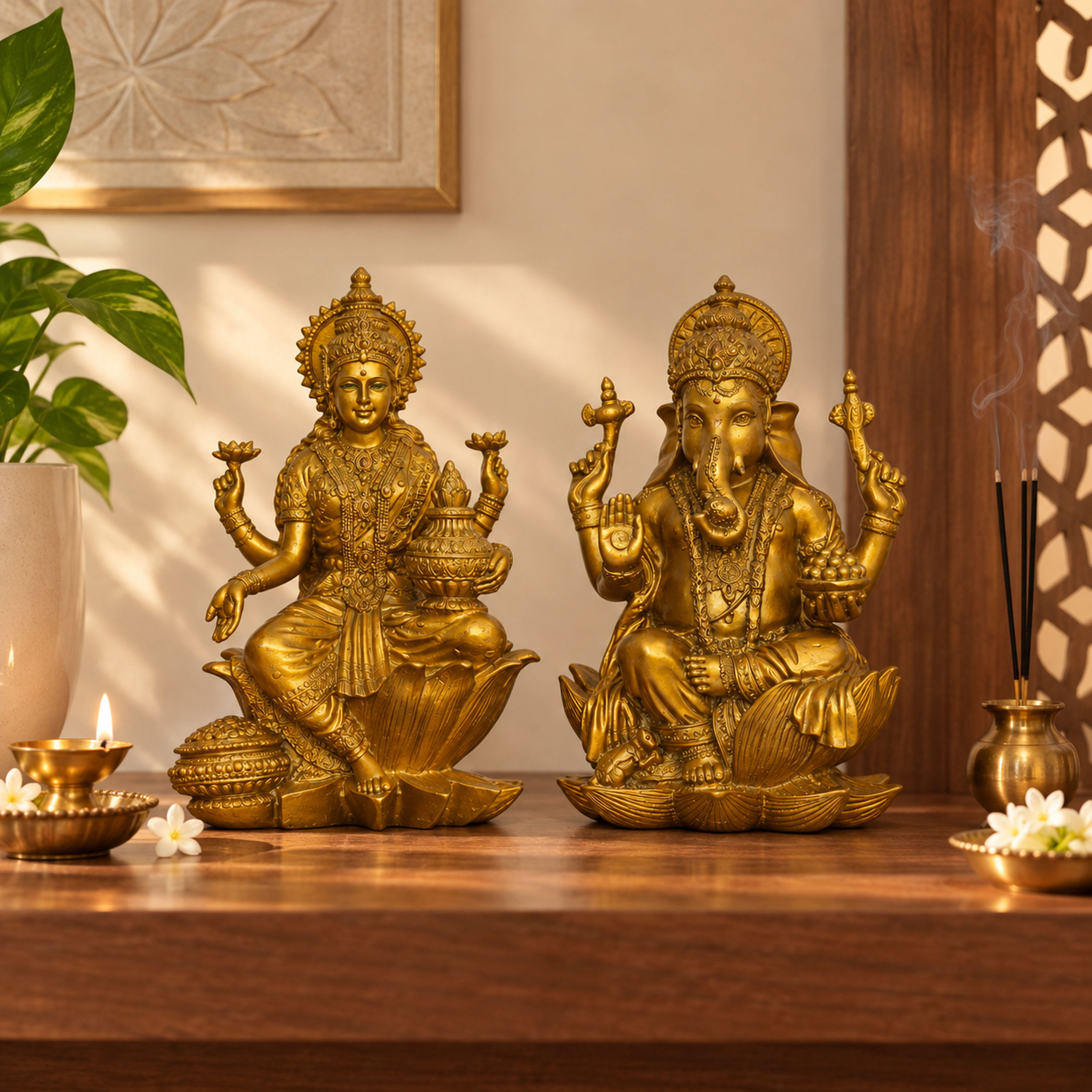 Antique Gold Laxmi Ganesh Idol Set of 2, Polyresin Murti, 7 Inch — photo — 6 of 8