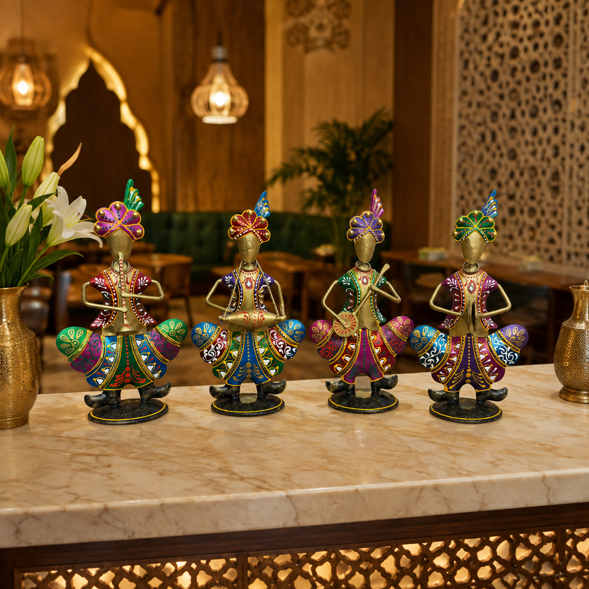 Gold Iron Rajasthani Musician Statue Showpiece Set of 4, 9 Inch — photo — 8 of 9