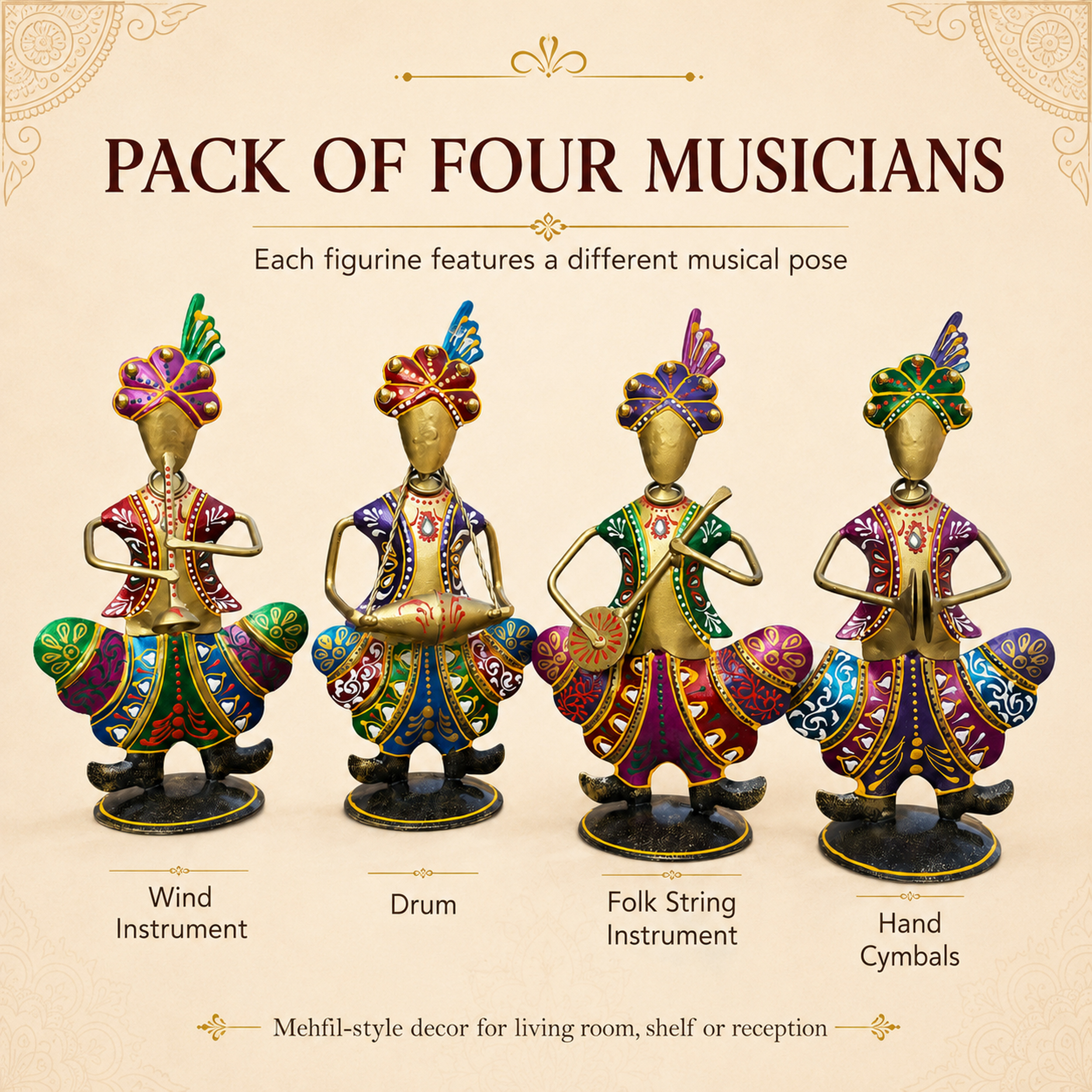 Gold Iron Rajasthani Musician Statue Showpiece Set of 4, 9 Inch — photo — 4 of 9