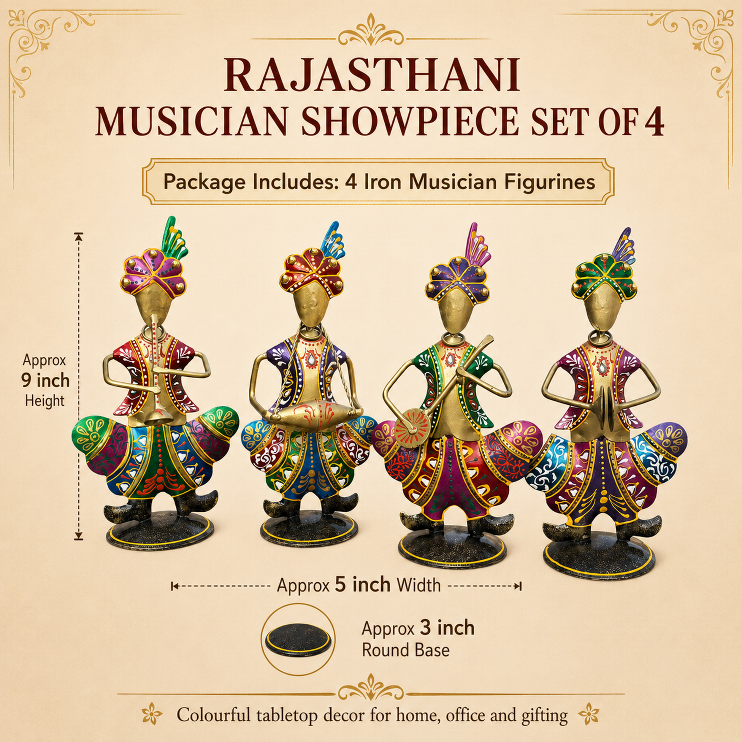 Gold Iron Rajasthani Musician Statue Showpiece Set of 4, 9 Inch — photo — 2 of 9