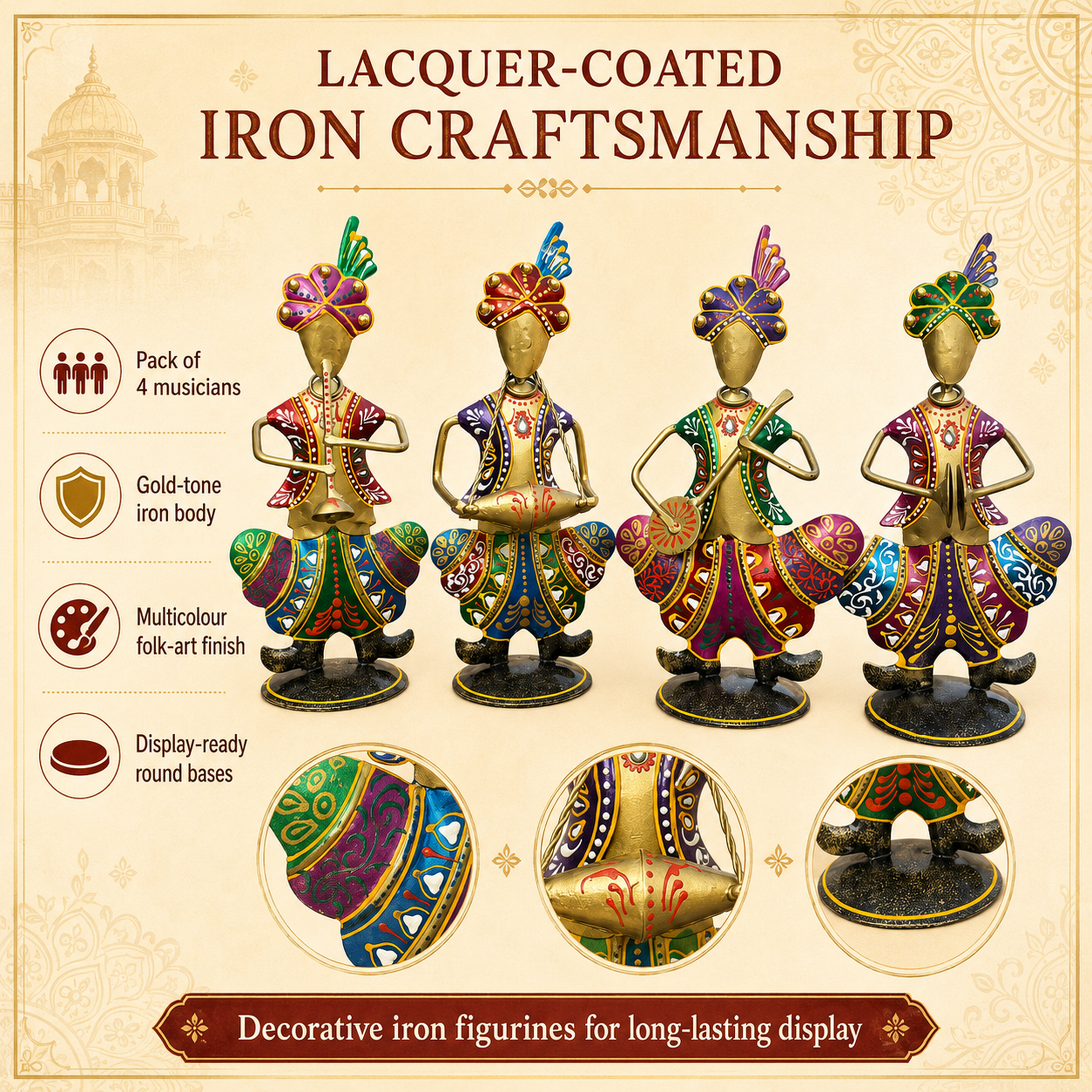 Gold Iron Rajasthani Musician Statue Showpiece Set of 4, 9 Inch — photo — 6 of 9