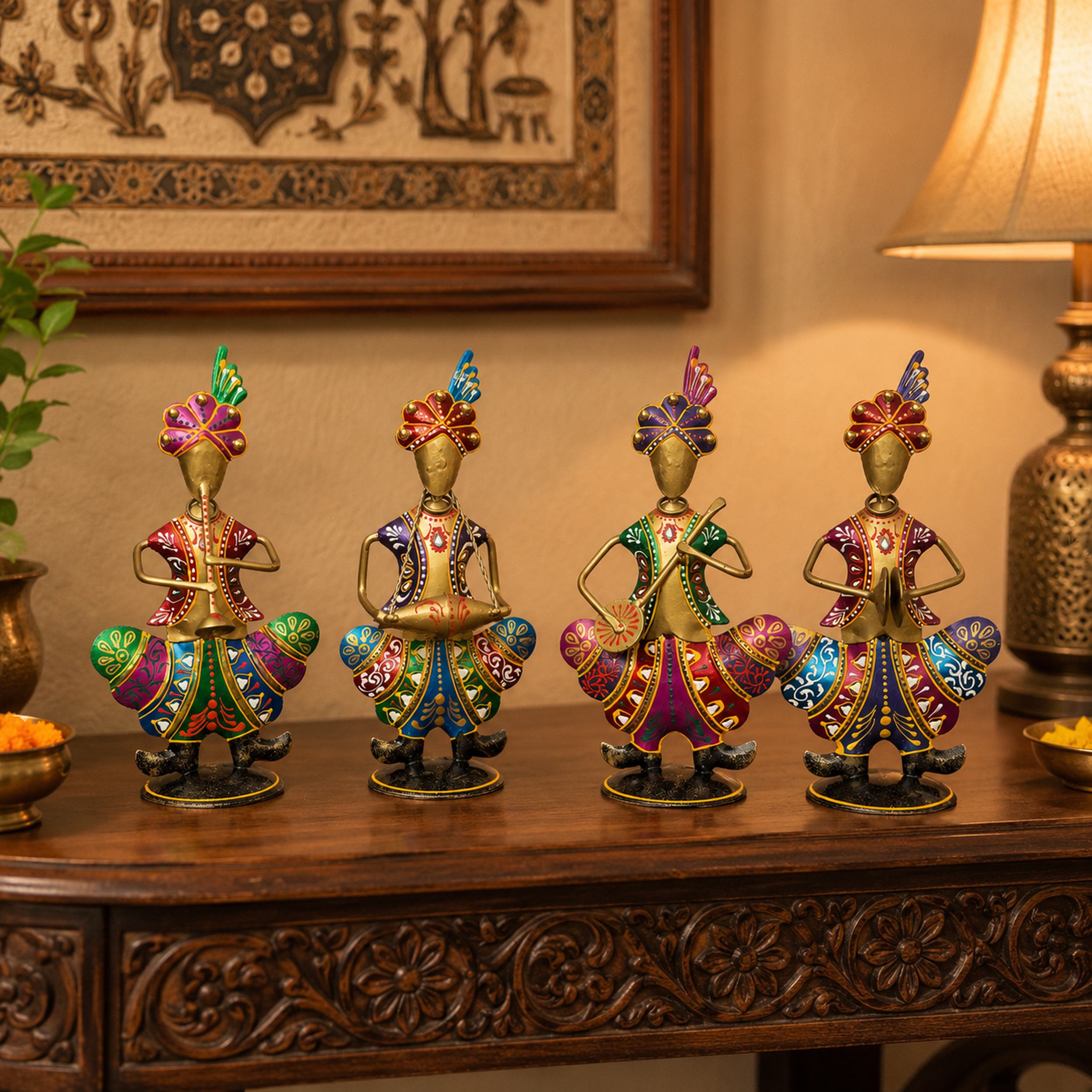 Gold Iron Rajasthani Musician Statue Showpiece Set of 4, 9 Inch — photo — 7 of 9